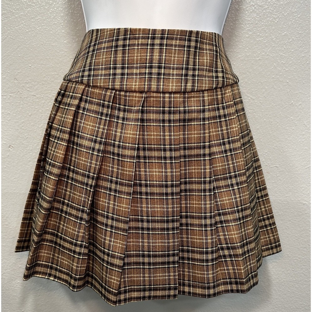 Haute Monde Pleated Mini Skirt Medium Juniors Brown Plaid Side Zip Lined Y2K